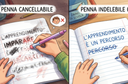 a sinistra un bambino cancella nervosamente, a destra corregge serenamente con la biro.