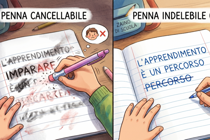 a sinistra un bambino cancella nervosamente, a destra corregge serenamente con la biro.