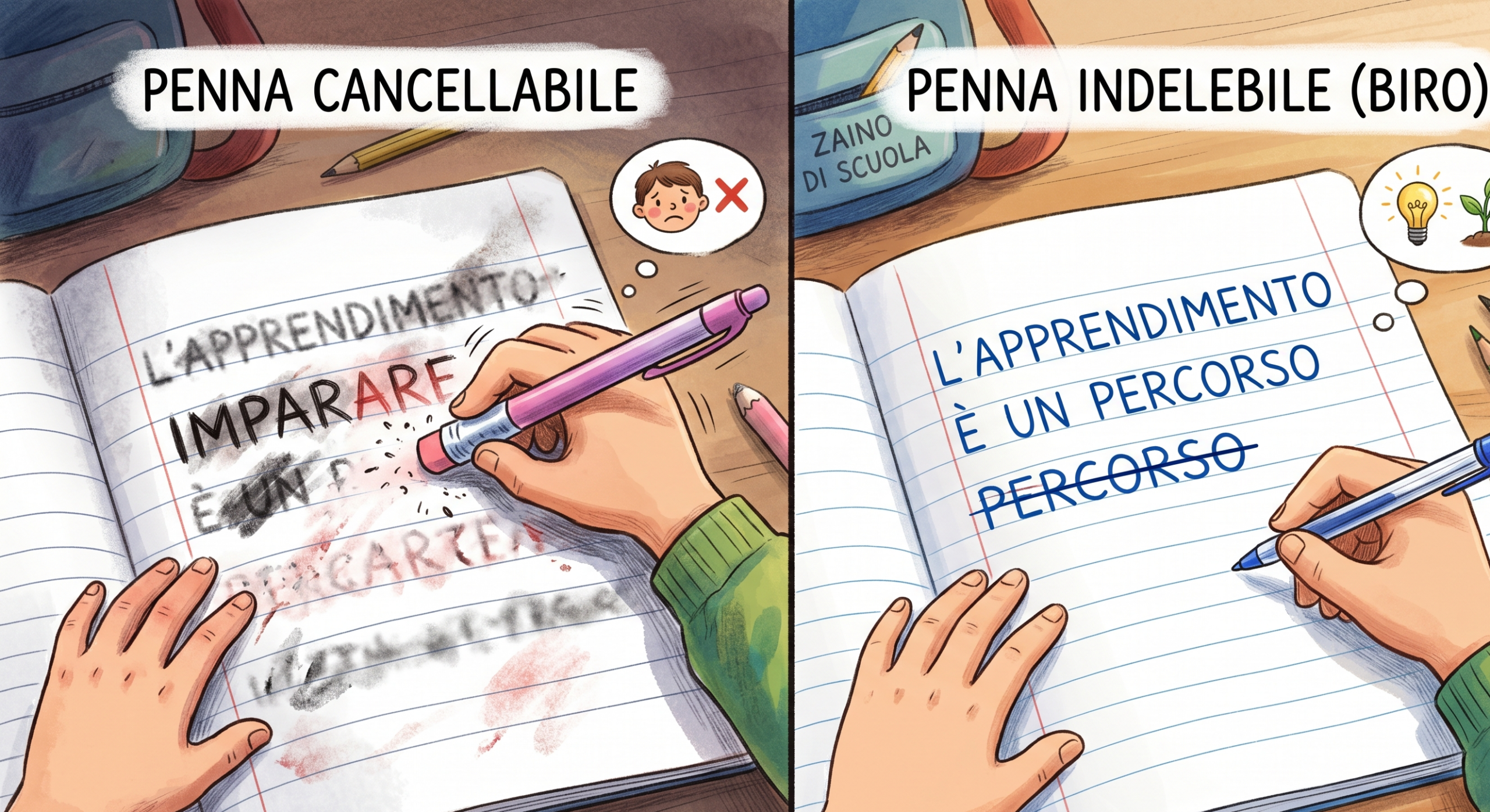 a sinistra un bambino cancella nervosamente, a destra corregge serenamente con la biro.