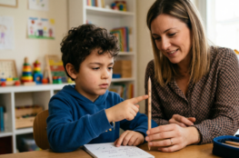 Bambino che indica il livello di progresso su una matita tenuta da un'educatrice