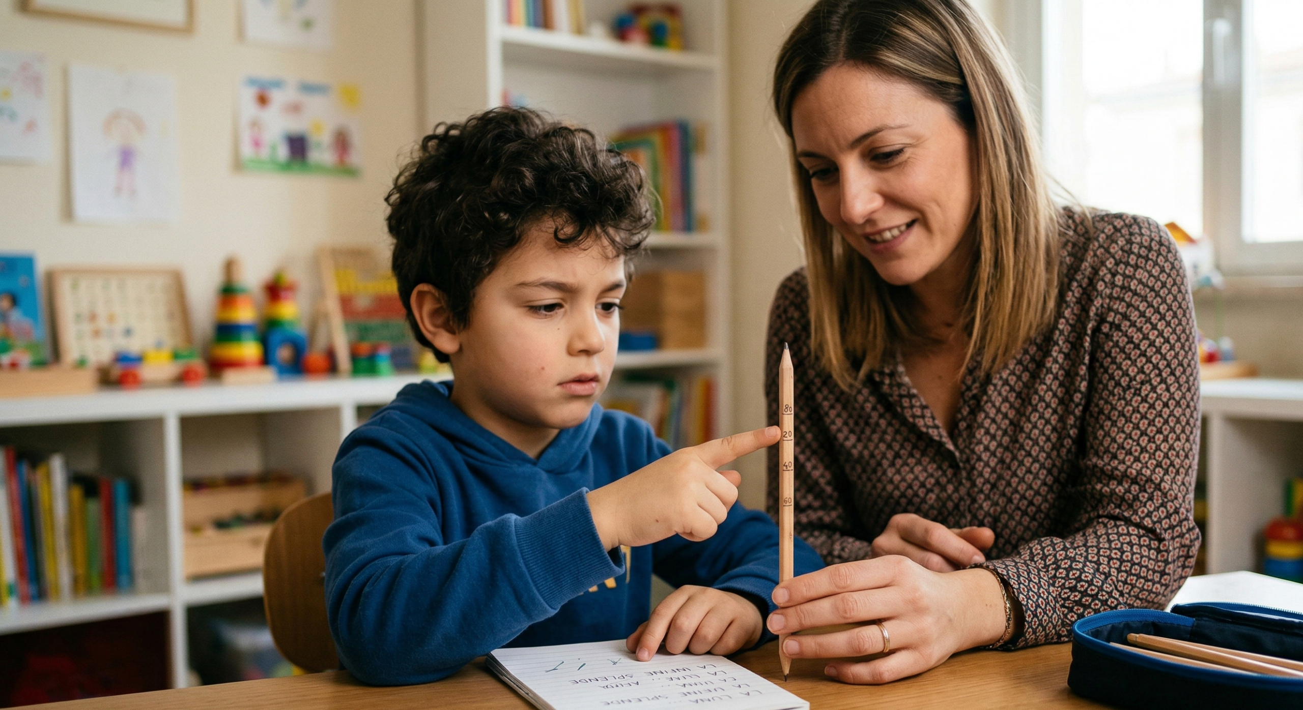 Bambino che indica il livello di progresso su una matita tenuta da un'educatrice