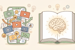 Illustrazione in stile cartoon che mette a confronto uno smartphone con icone social caotiche e un libro aperto con un cervello luminoso al centro, simbolo della complessità della mente umana rispetto agli algoritmi digitali