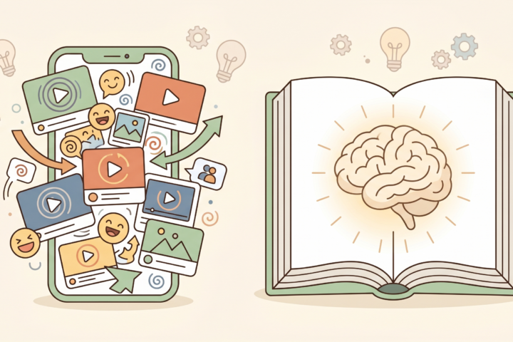 Illustrazione in stile cartoon che mette a confronto uno smartphone con icone social caotiche e un libro aperto con un cervello luminoso al centro, simbolo della complessità della mente umana rispetto agli algoritmi digitali