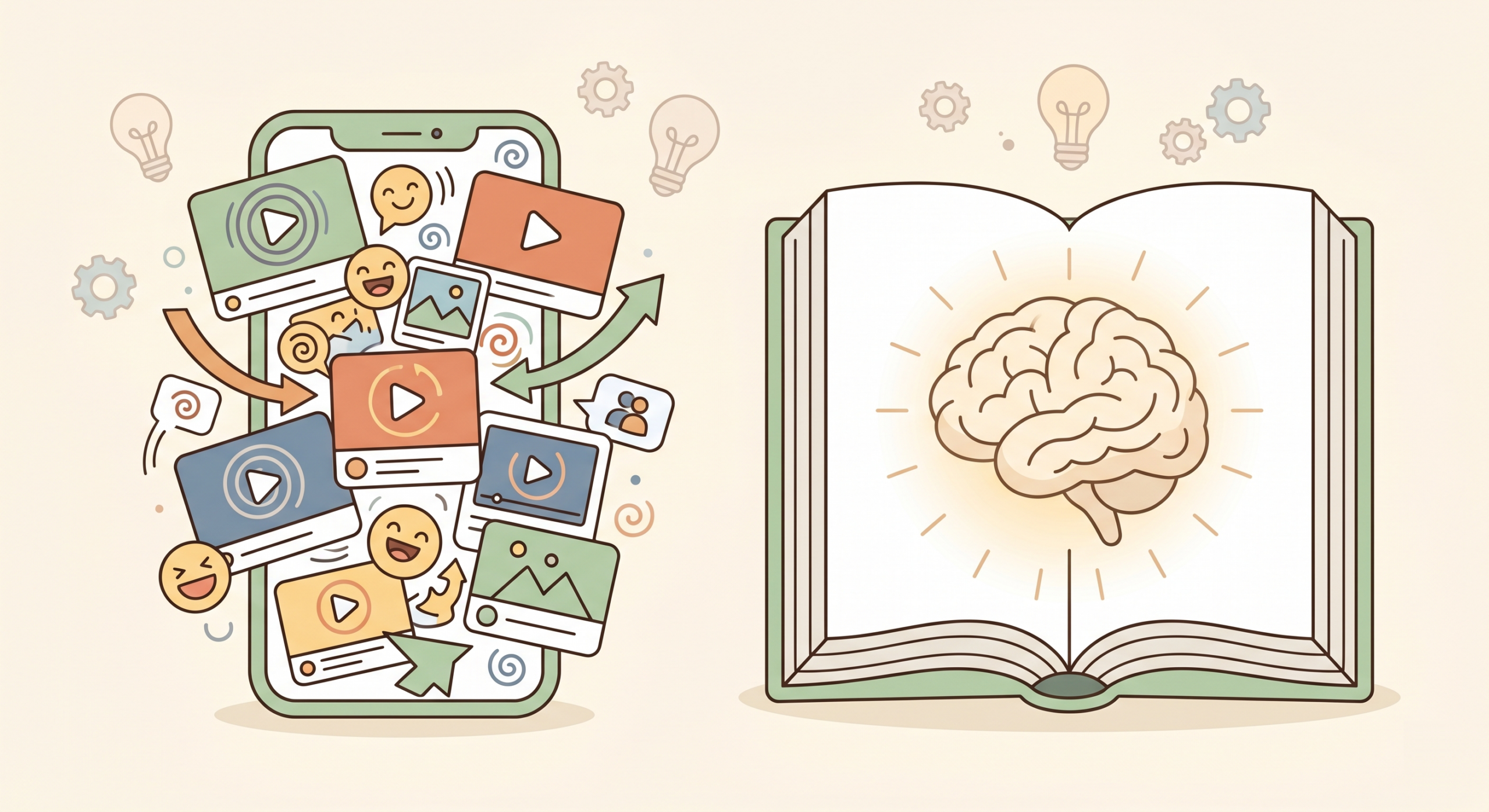 Illustrazione in stile cartoon che mette a confronto uno smartphone con icone social caotiche e un libro aperto con un cervello luminoso al centro, simbolo della complessità della mente umana rispetto agli algoritmi digitali
